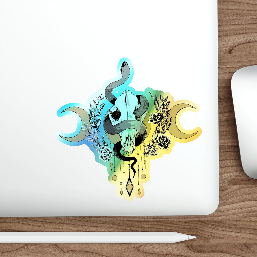 Holographic Snake Skull Sticker — Die-Cut Mystical Moon Decal