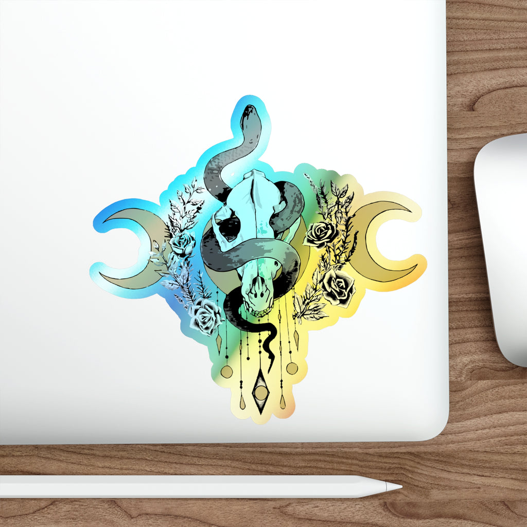 Holographic Snake Skull Sticker — Die-Cut Mystical Moon Decal