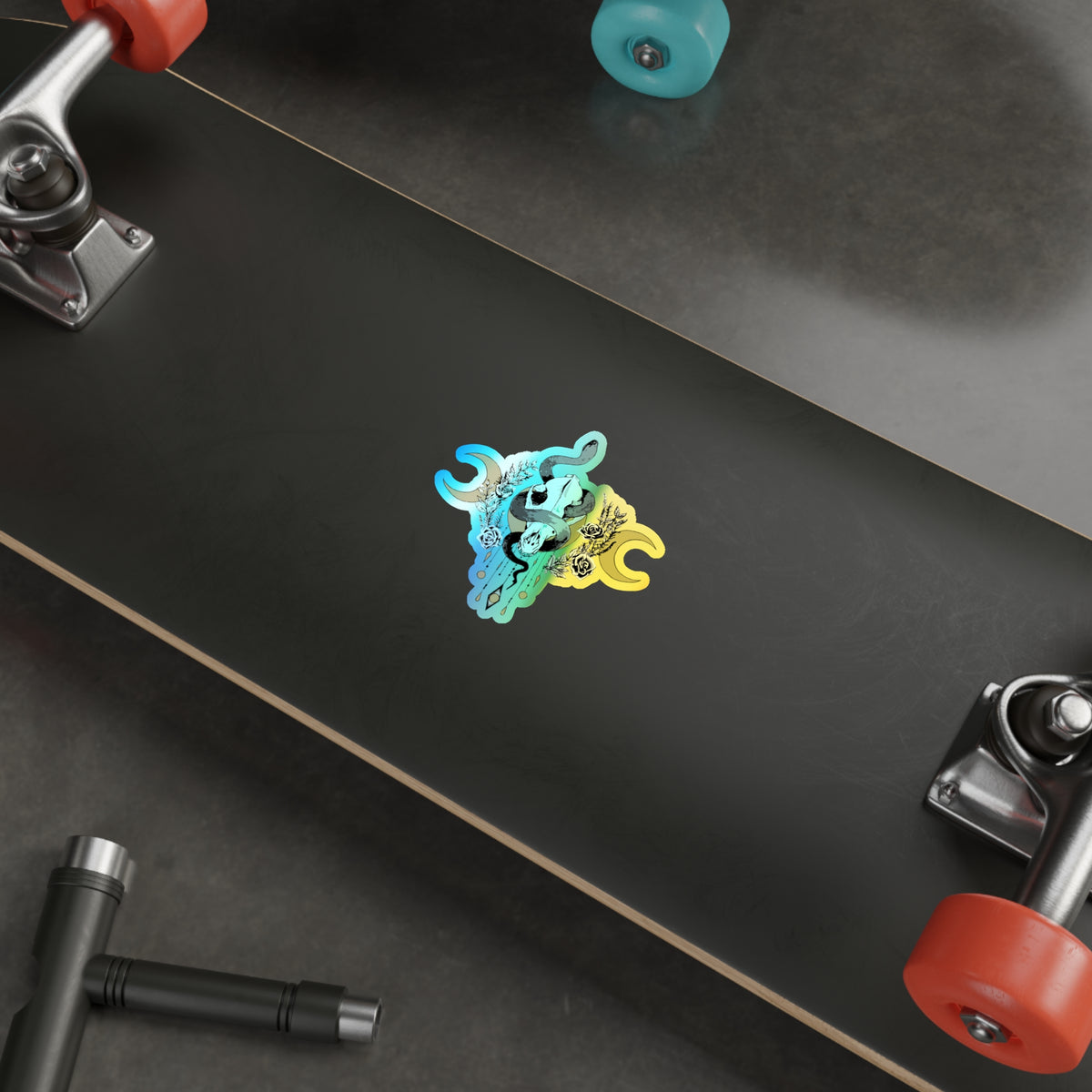 Holographic Snake Skull Sticker — Die-Cut Mystical Moon Decal