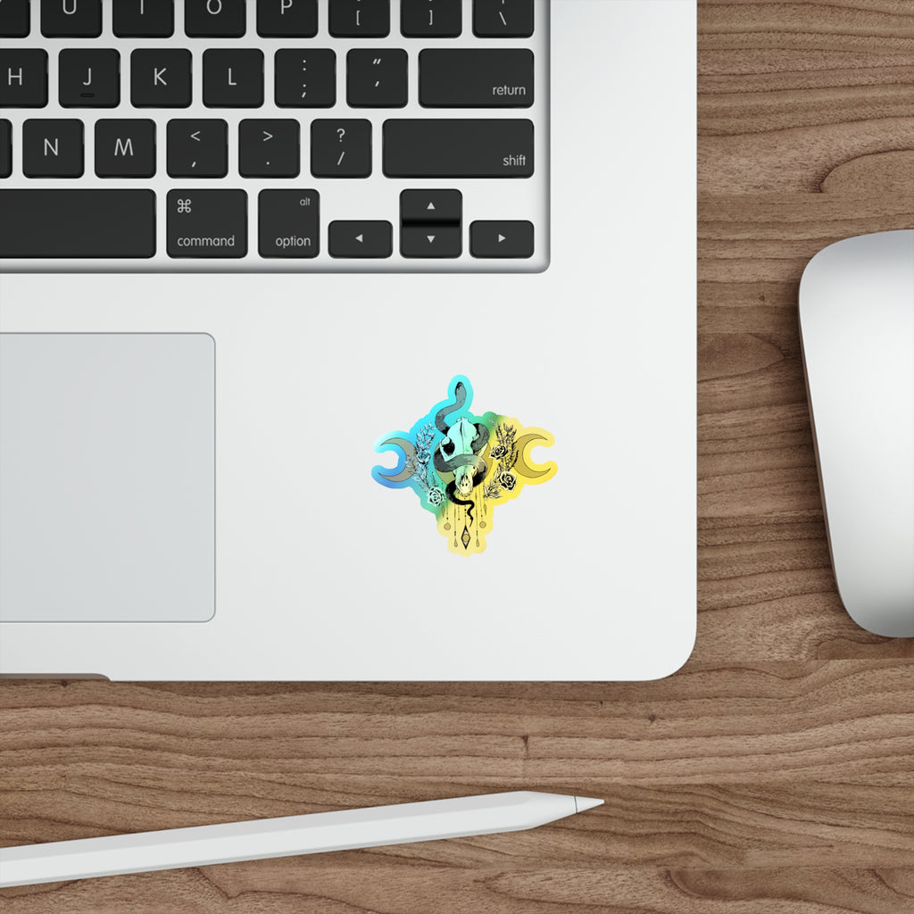 Holographic Snake Skull Sticker — Die-Cut Mystical Moon Decal