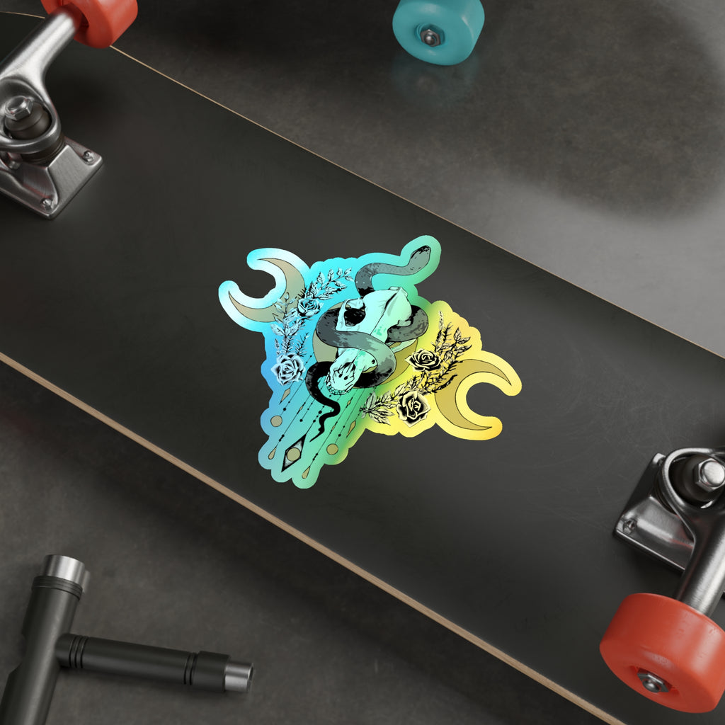 Holographic Snake Skull Sticker — Die-Cut Mystical Moon Decal