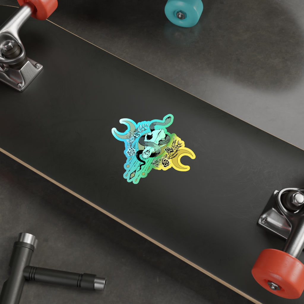 Holographic Snake Skull Sticker — Die-Cut Mystical Moon Decal