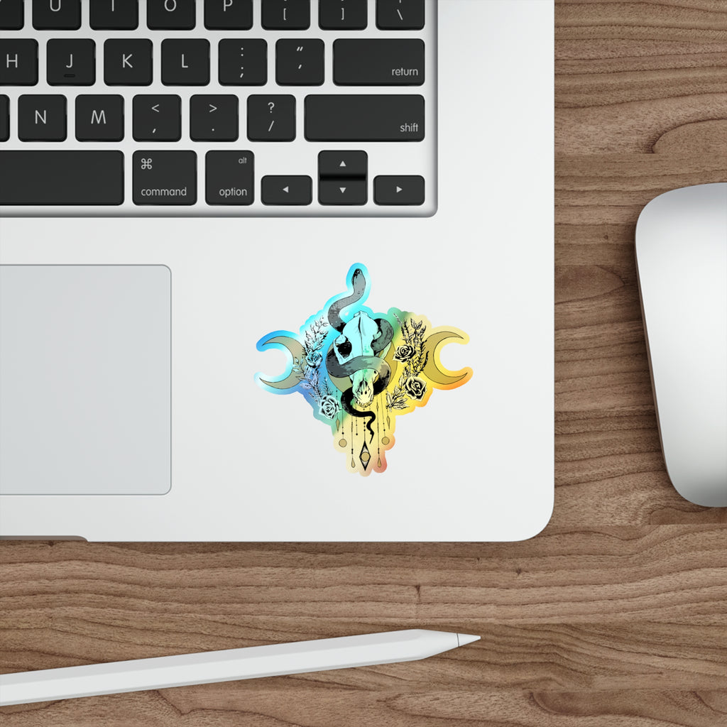 Holographic Snake Skull Sticker — Die-Cut Mystical Moon Decal