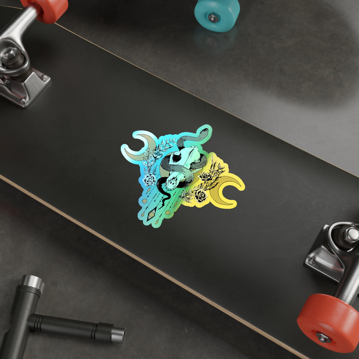 Holographic Snake Skull Sticker — Die-Cut Mystical Moon Decal