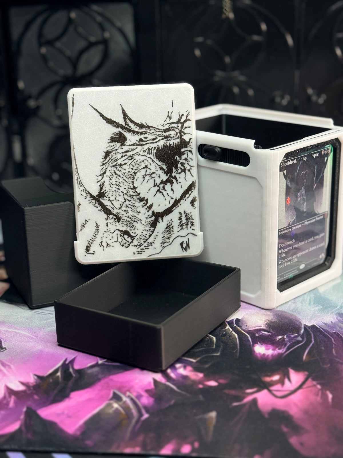 White dragon box with separate dark dice container and art panel