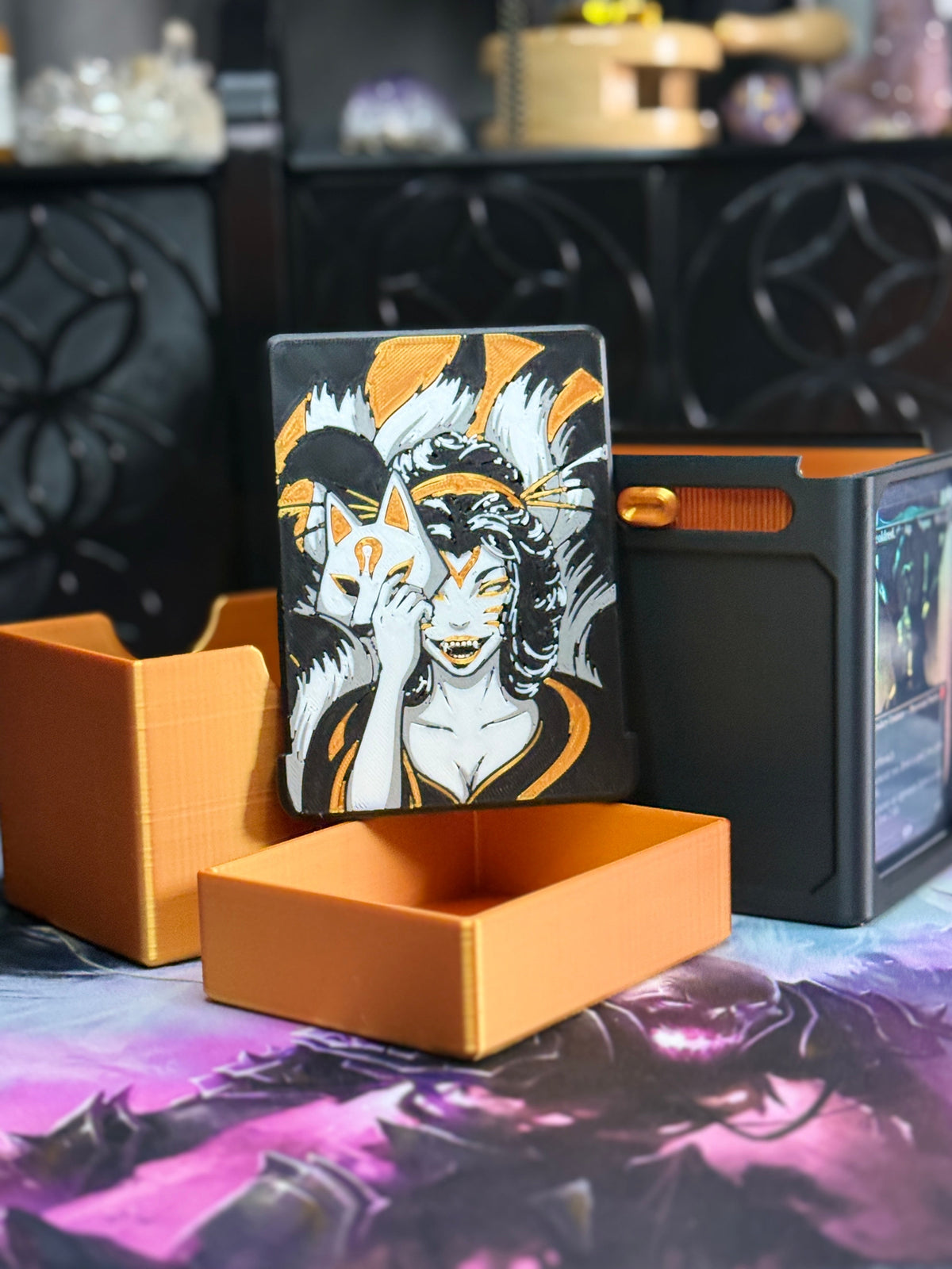 Kitsune deck box with removable front panel and separate dice container